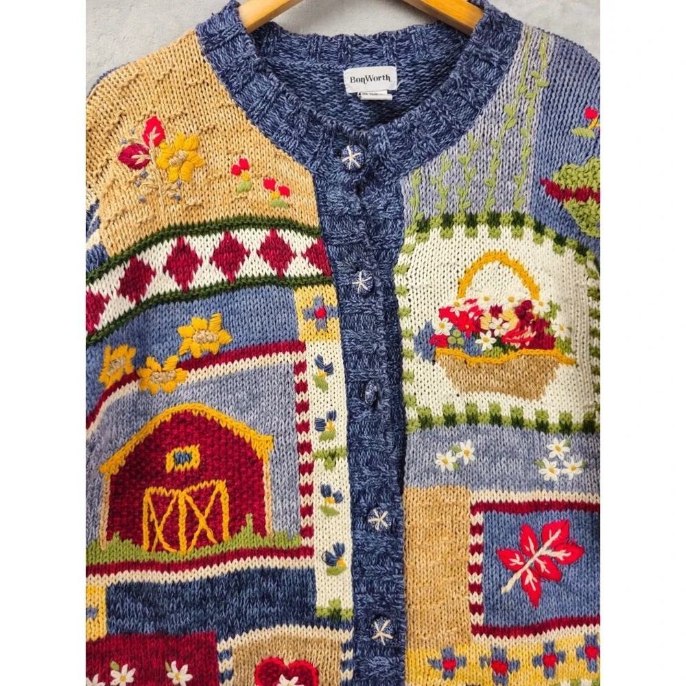 Bon Worth Chunky Sweater Large Cardigan Artsy Farm Barn Chicken Cottagecore - Picture 2 of 5